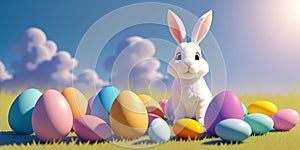 Easter bunnies sit quietly in a lush green field surrounded by brightly colored trees, with Easter eggs lying in front of them
