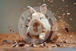 Easter bunny amidst chocolate explosion