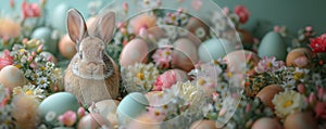 Easter bunny amidst colorful eggs and spring flowers