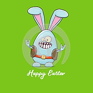 Easter bunny badass and funny cartoon character with bunny ears isolated on green background. rock n roll easter party