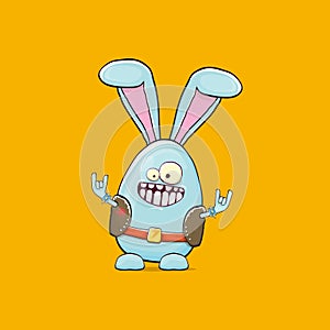 Easter bunny badass and funny cartoon character with bunny ears isolated on orange background. rock n roll easter party