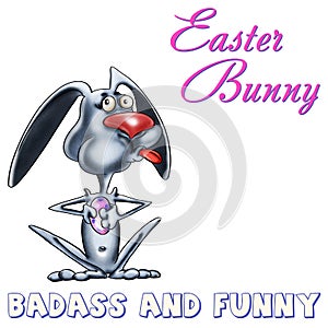 Easter Bunny Badass And Funny. Cartoon funny character for print and stickers