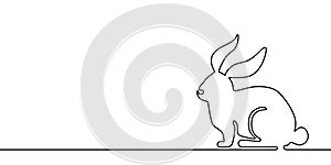 Easter bunny banner background in simple one line style with copy space in left side. Black and white minimal rabbit