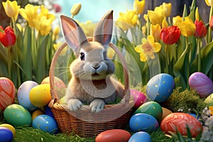 Easter bunny in a basket. Ai generative