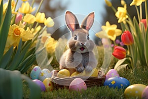 Easter bunny in a basket. Ai generative