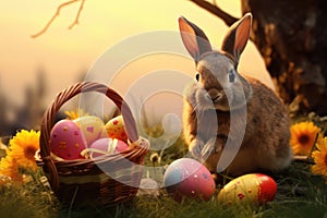 Easter bunny with a basket of decorated eggs among spring flowers at sunset