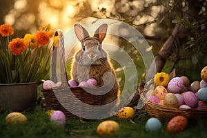 Easter bunny with a basket of decorated eggs among spring flowers at sunset