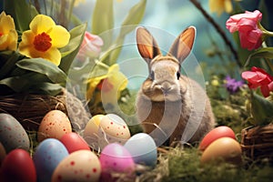 Easter bunny with a basket of eggs, Easter background