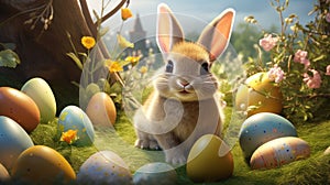 Easter bunny with a basket of eggs, Easter background Generative AI