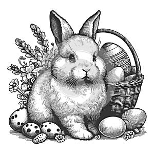 Easter Bunny with Basket of Eggs engraving vector