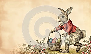 Easter bunny with basket of eggs for holiday greetings. Retro, vitage, sepia, engraving