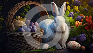 Easter bunny with basket of eggs and spring flowers on dark background