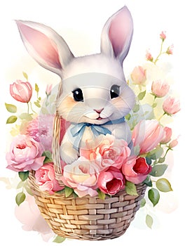 Easter bunny in a basket with flowers on a white background