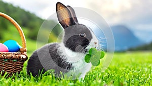 Easter bunny with basket full of colorful eggs and four-leaf clover