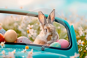 Easter bunny in a blue car with colored eggs