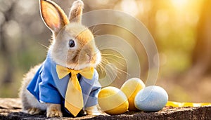 Easter bunny in a blue jacket with colorful Easter eggs
