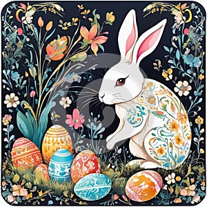 Easter bunny is busy painting folk-inspired decorated eggs
