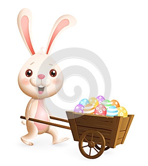 Easter bunny carrying cart with colorful decorated Easter eggs - isolated on white background
