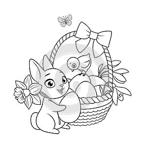 Easter bunny and chick with basket full of eggs and flowers. Vector black and white illustration for coloring book page.