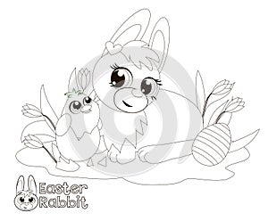 Easter Bunny and chick. Coloring book.