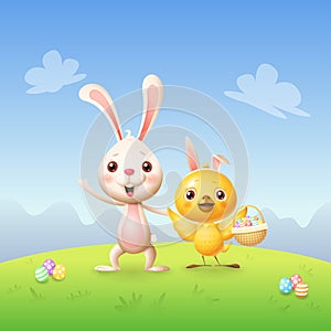 Easter bunny and chicken with basket and decorated eggs celebrate Easter - spring landscape background