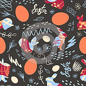 Easter bunny, chicken eggs and doodle with the inscription Easter. Festive seamless pattern. Vector