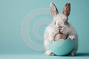 Easter bunny and chocolate egg on blue background. Happy Easter concept