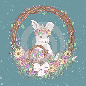 Vector pastel floral easter bunny illustration with flowers, easter eggs, basket, wreath, chocolate candies. sweet colorful easter