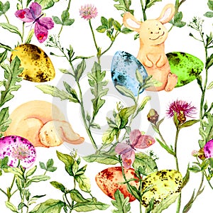 Easter bunny, colored eggs in grass and flowers with butterflies. Seamless floral easter pattern with egg hunt