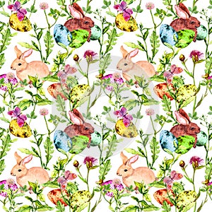 Easter bunny, colored eggs in grass and flowers with butterflies. Seamless floral easter pattern with egg hunt