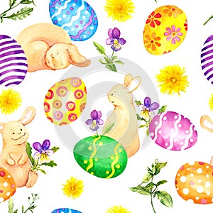 Easter bunny, colored eggs in grass and flowers. Repeating floral easter background. Watercolor