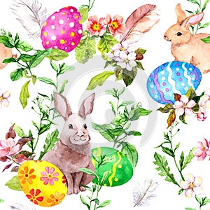 Easter bunny, colored eggs in grass and flowers. Repeating floral easter background. Watercolor