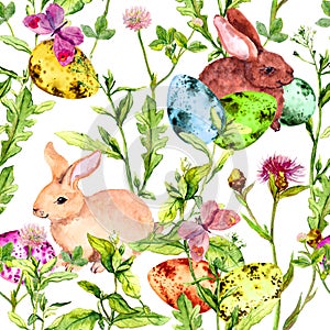 Easter bunny, colored eggs in grass and flowers. Repeating floral easter background. Watercolor