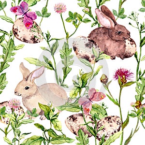 Easter bunny, colored eggs in grass and flowers. Repeating floral easter background. Watercolor