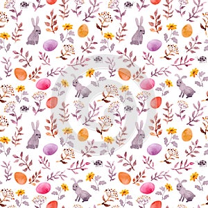 Easter bunny, colored eggs in grass and flowers. Seamless floral easter background. Watercolor