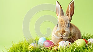 Easter bunny with colored eggs in the grass on green background, festive postcard template