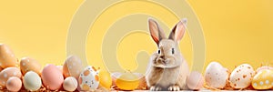 Easter bunny and colored eggs on a yellow background. Banner 3:1