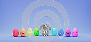 Easter Bunny and Colorful Easter eggs on blue background, Happy Easter greeting card 3D render