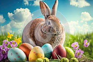 Easter bunny with colorful easter eggs illustration. Generative AI.