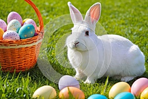 Easter bunny and colorful eggs in basket on green grass