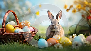Easter bunny with colorful eggs in basket on green grass, closeup