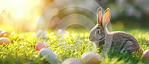 Easter bunny with colorful eggs on the grass. The cute rabbit sitting on the meadow with decorated Easter Eggs