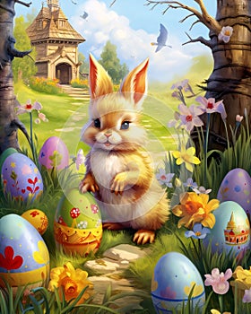 Easter Bunny With Colorful Eggs in Sunny Spring Meadow