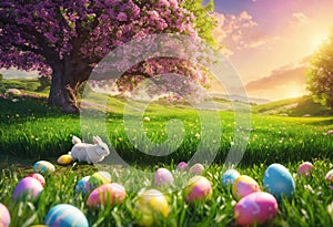 Easter bunny and colorful holiday eggs in green grass on a spring sunny lawn