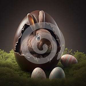 Easter bunny coming out of an eggshell, 3d render