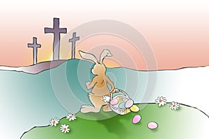 Easter Bunny confronts Christian Cross of Jesus