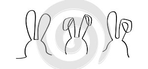 Easter bunny continuous one line vector icon, drawing rabbit outline cute animal, minimal contour ears hare, black silhouettes set