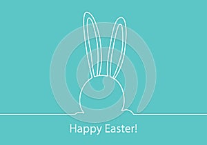 Easter bunny continuous one line vector icon, drawing rabbit outline cute animal, white minimal contour ears hare on blue
