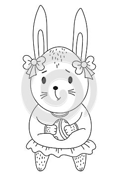 Easter bunny. Cute bunny girl with an Easter egg in her paws and with bows on her ears. Vector. Black line, outline