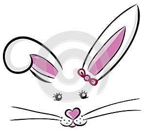 Easter bunny cute vector illustration drawn by hand. Bunny face, ears and tiny muzzle with whiskers isolated on white